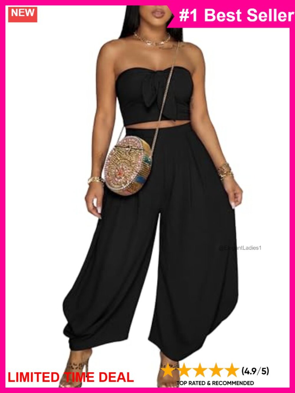 Off Shoulder Sleeveless Top Wide Leg Palazzo Pant Set Stretch Knit